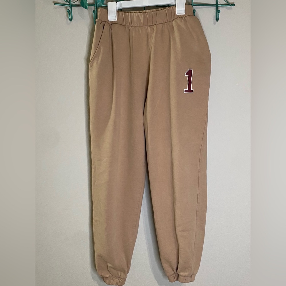 Zara Tan Track Joggers with Burgundy '1' Patch